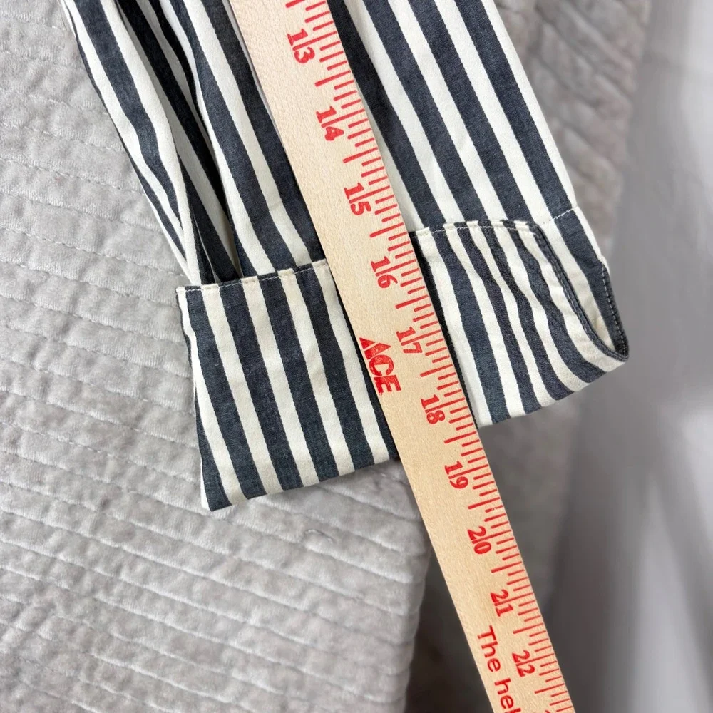 3 Sisters Black White Striped 100% Linen Tie Front Wrap Blouse Top L 3S539 USA
